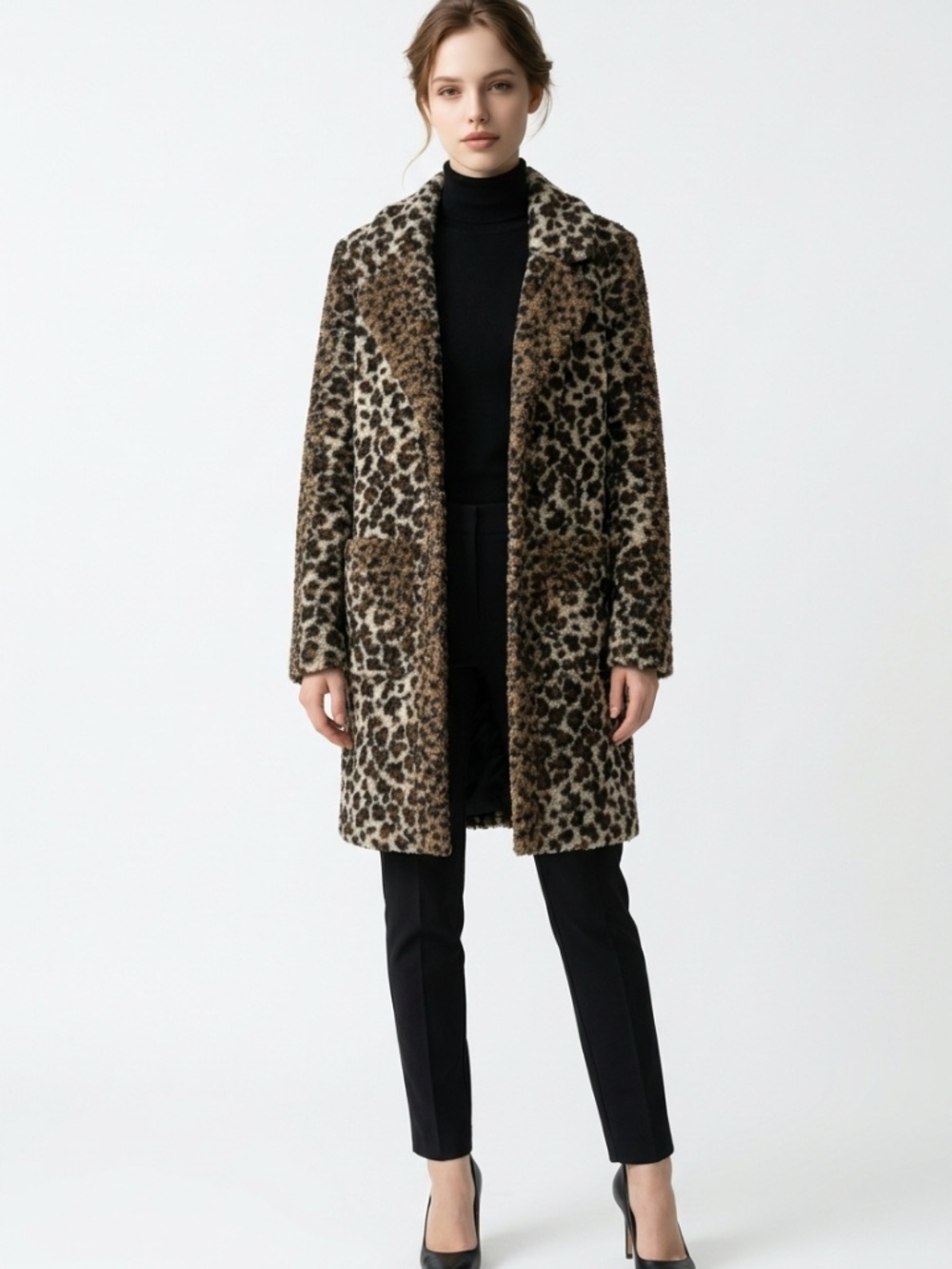 FRENCH CONNECTION • Leopard Teddy Faux Fur Long Coat Brown Size Small